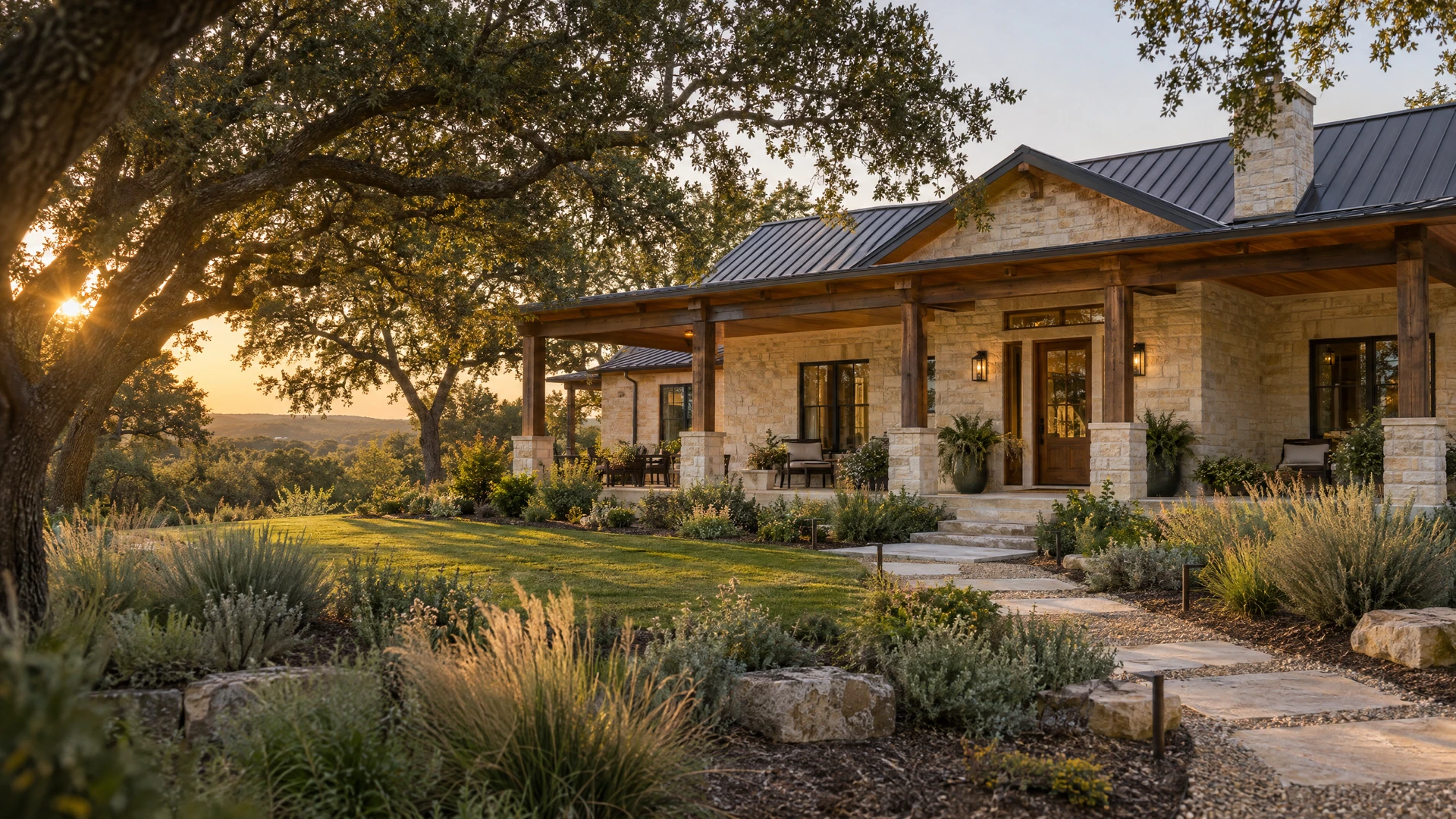 Illustrative limestone home with a welcoming cedar porch and Texas-style landscaping