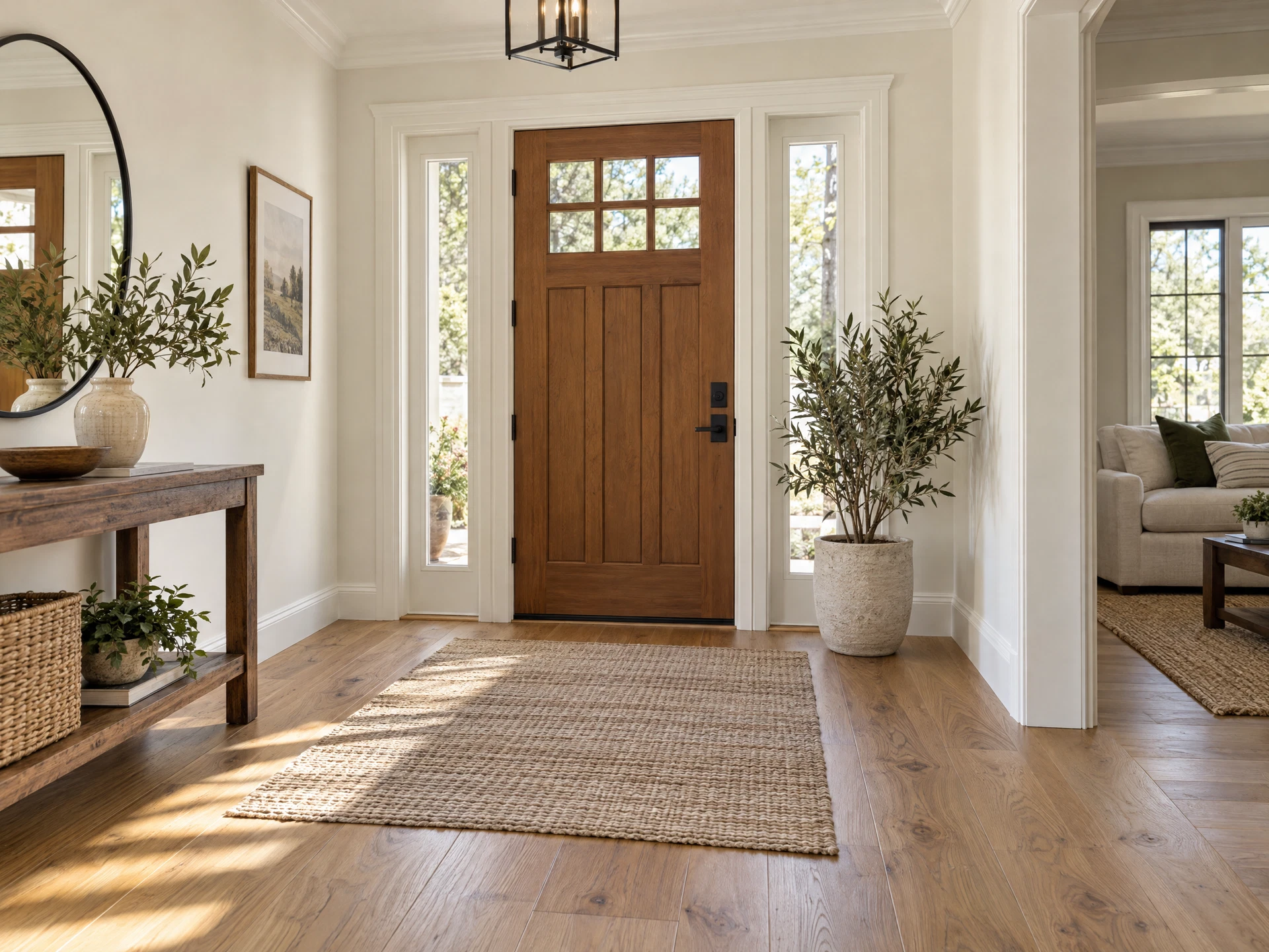 Illustrative repaired entryway with fresh walls, a wood door and neat trim