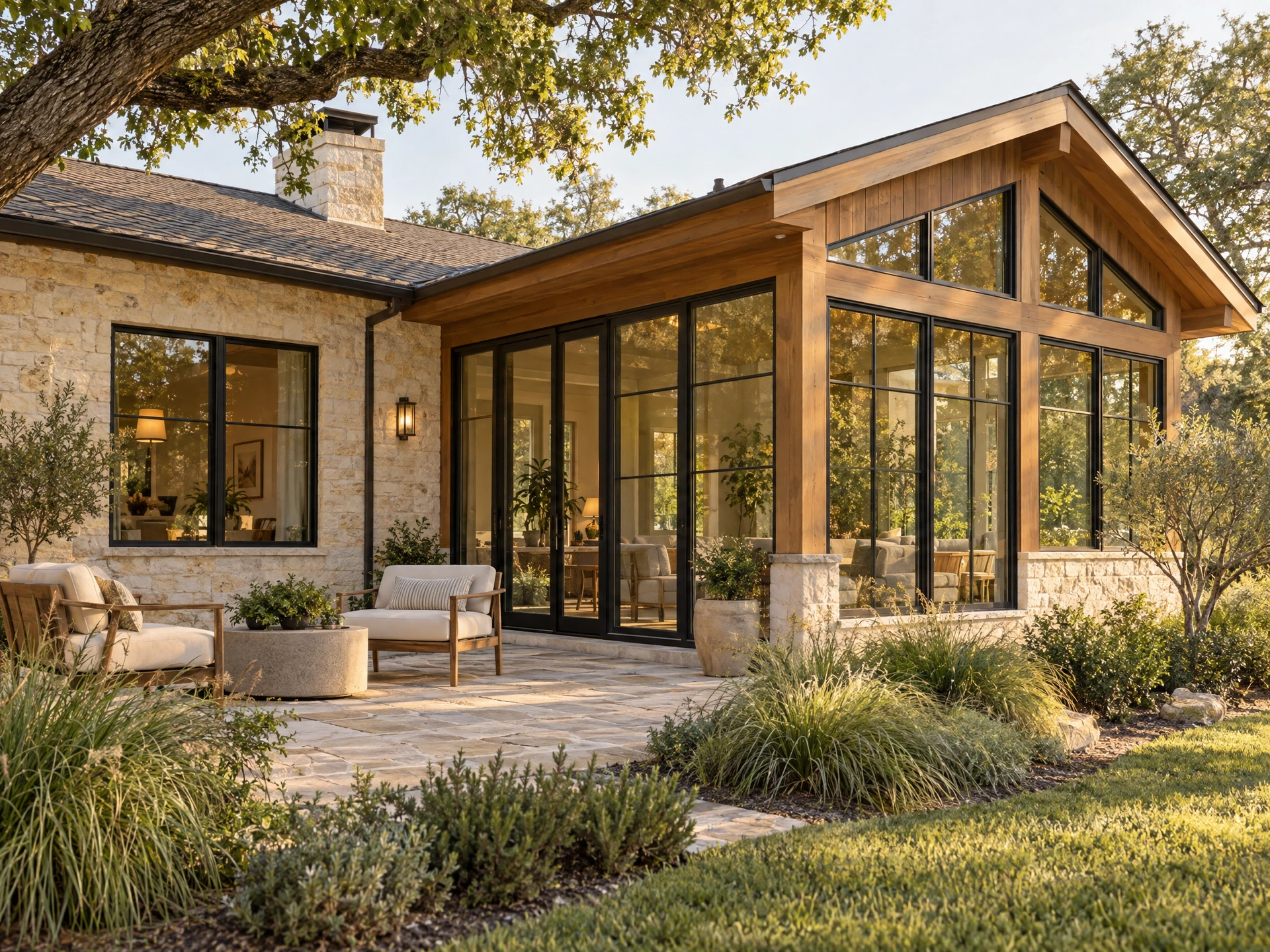 Illustrative sunroom addition with windows and a landscaped patio