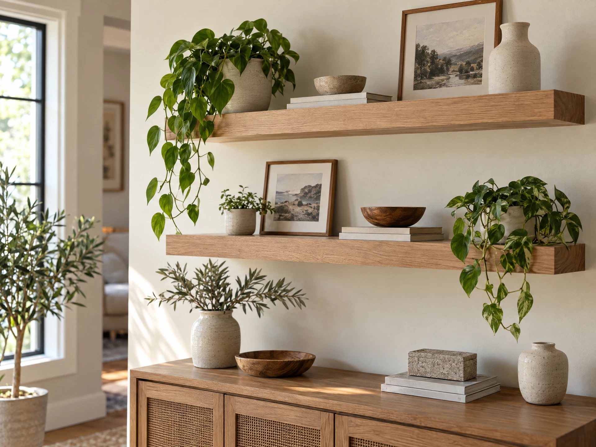 Illustrative oak floating shelves and neatly arranged home decor